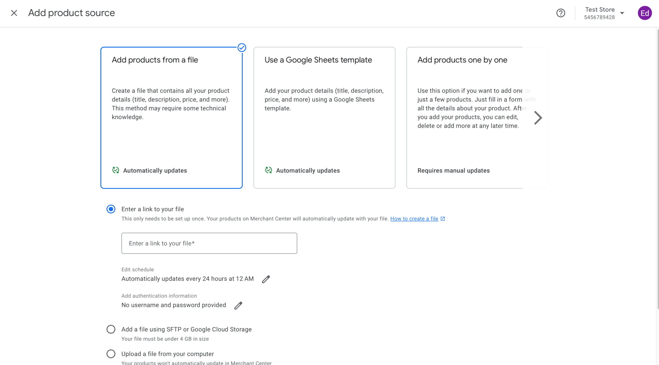 an image showing how to add product data sources or feeds in google merchant center