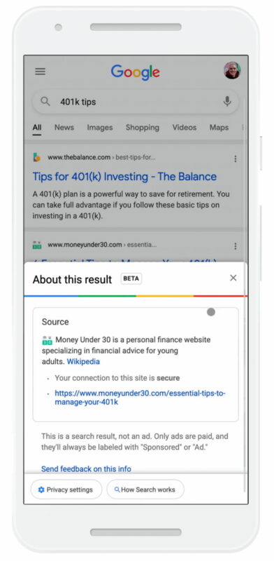 SEO news in February 2021: example of Google showing information about resource in search results