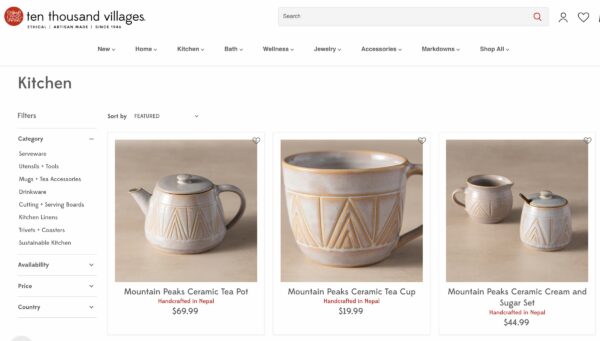 Filtering on website Ten Thousand Villages