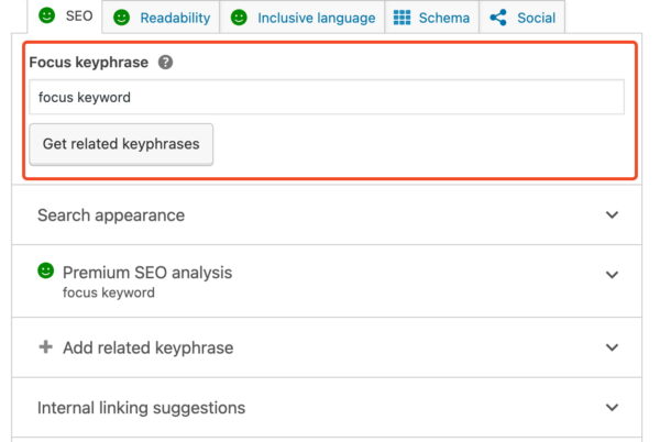 the Yoast SEO input field for the focus keyphrase in the post editor meta box
