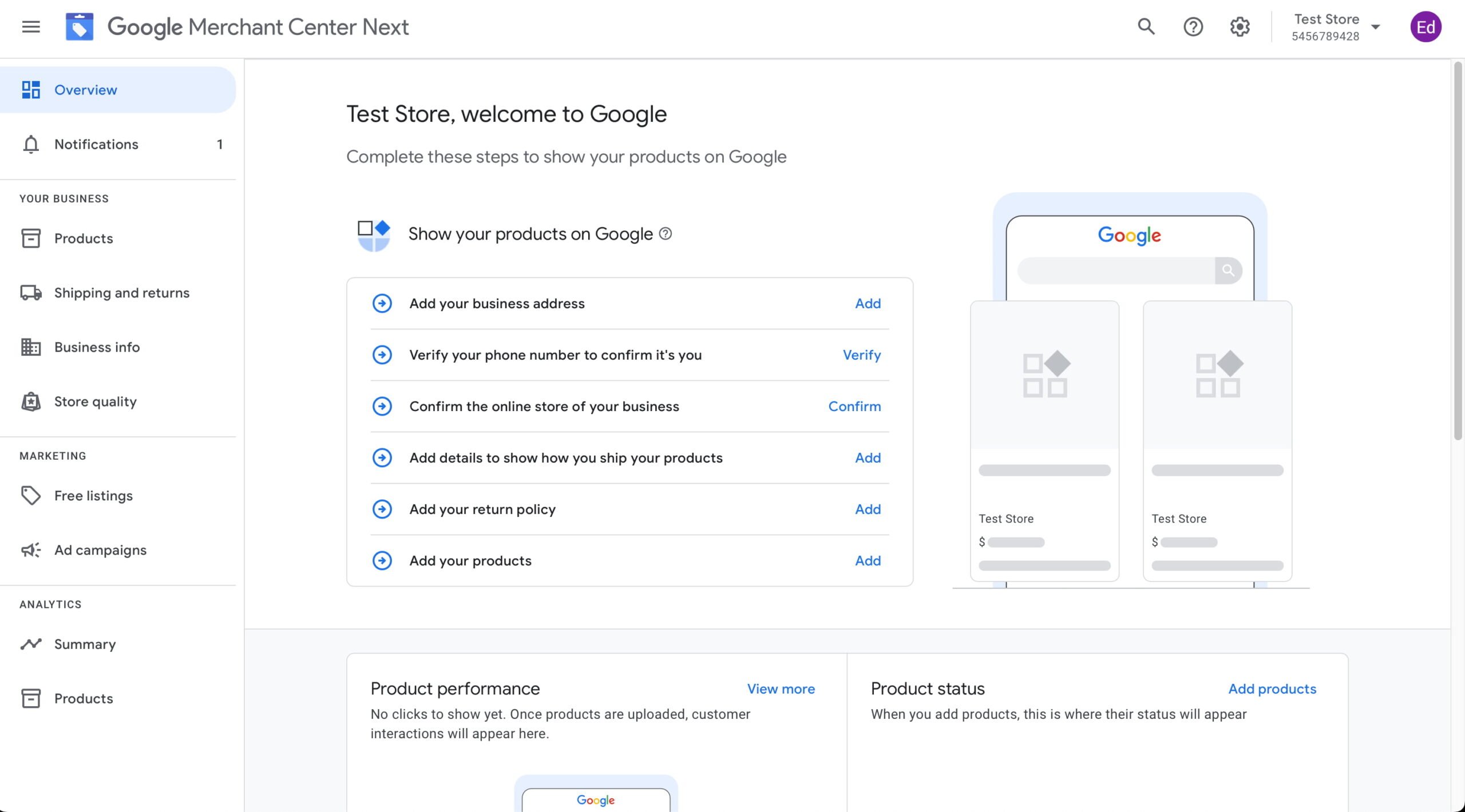 an image showing the new overview page in google merchant center