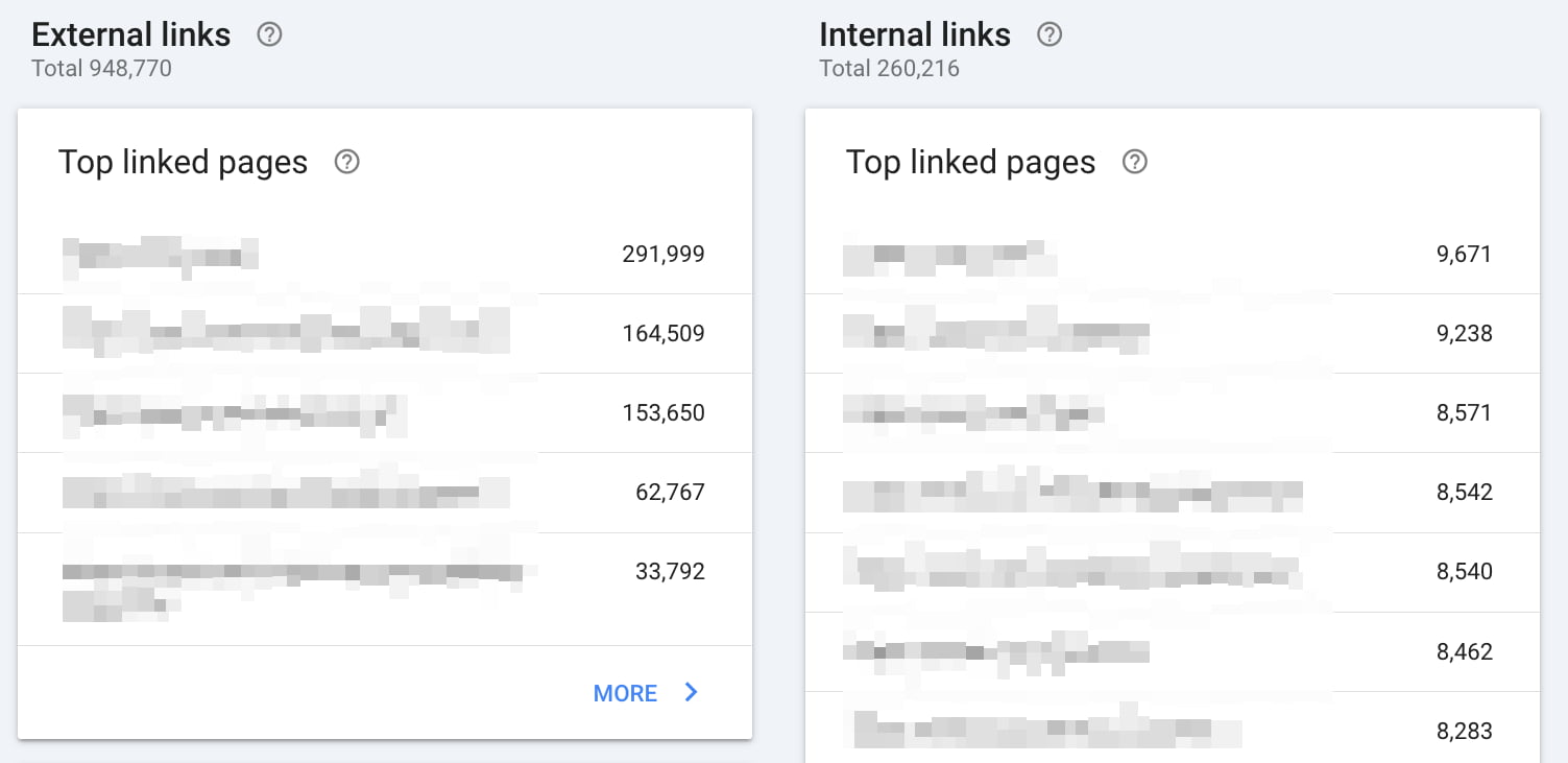 the links section in search console showing the top internal and external linked pages