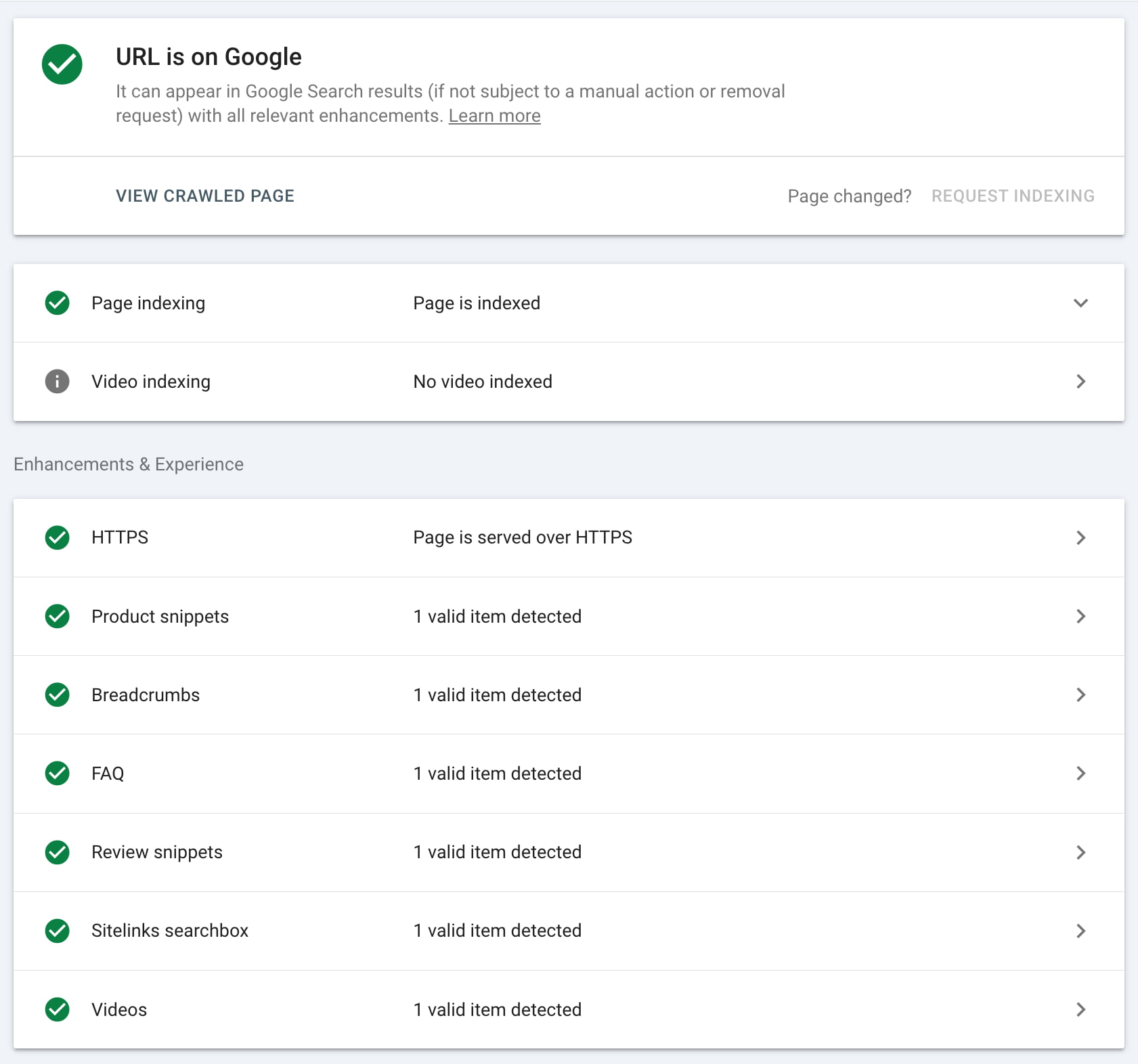 url inspection in search console showing if a page is indexed and if it has enhancements
