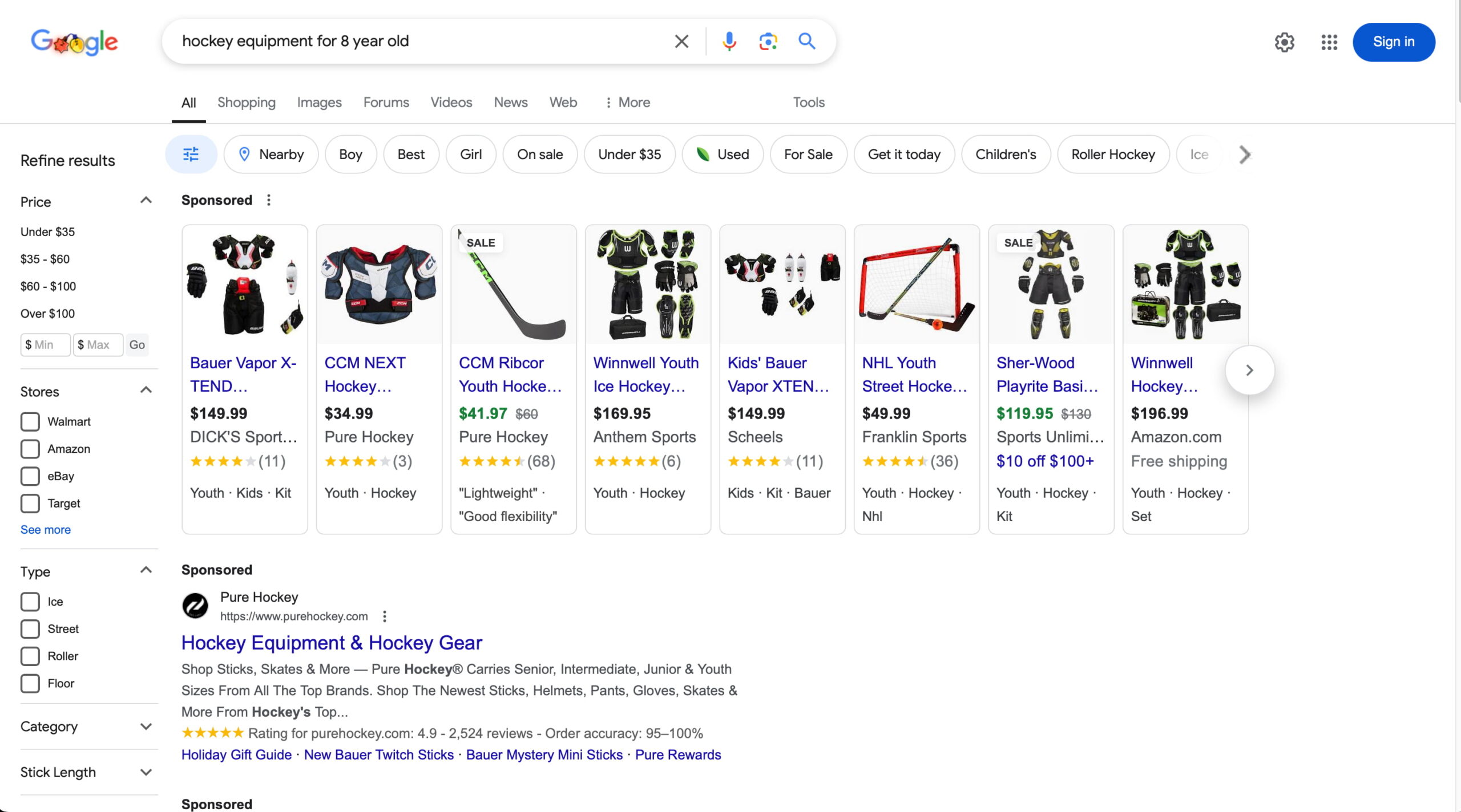 an example of a product search on Google, showing listing for hockey equipment