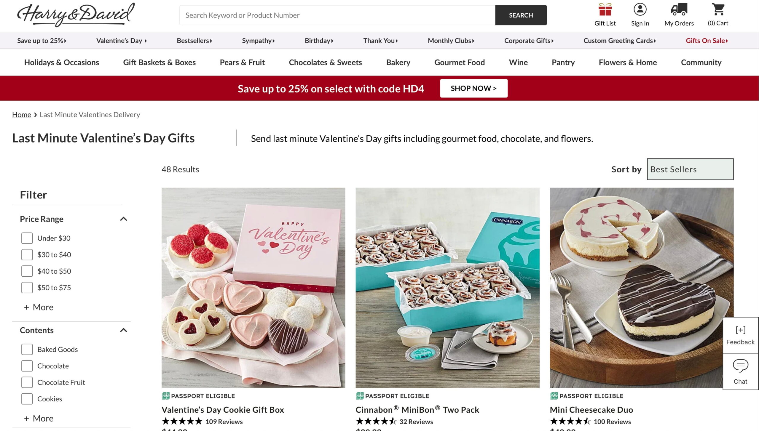 an seo example of a last-minute valentine's day sale at harry and david
