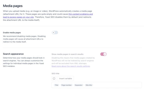 Screenshot of the Media pages settings.