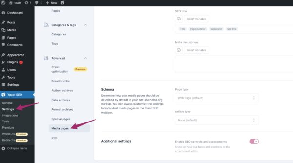Screenshot of the Media pages menu item in the Yoast SEO settings.