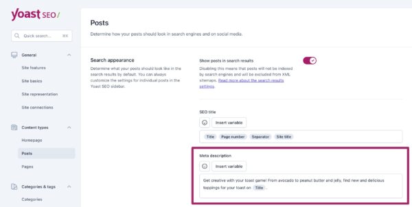 Screenshot of the Posts settings in Yoast SEO, highlighting the Meta description field.