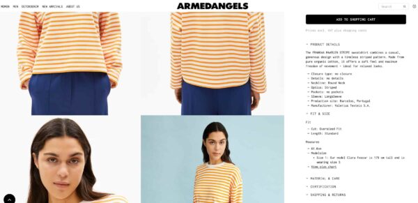 Example of unique product description on Armed Angels website
