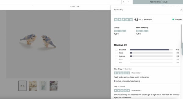 Reviews shown on product page Fable England