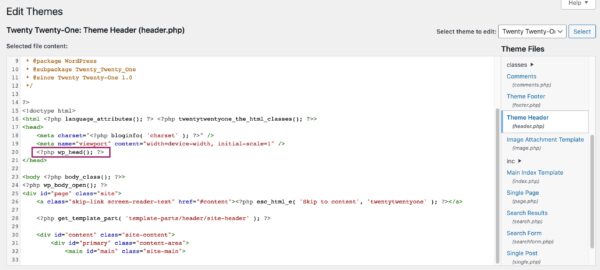 Screenshot of a call to wp_head() in the theme header file.