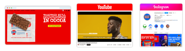 Example of branding on the website, youtube channel and instagram account of Tony Chocolonely