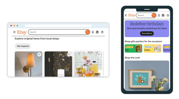 The desktop and mobile version of Etsy's website