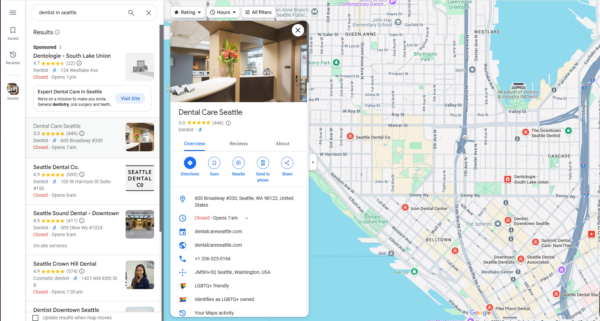 Screenshot of Google Maps for the search question "dentist in Seattle". The highlighted listing is Dental Care Seattle.