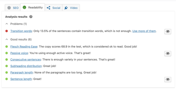 screenshot of transition words check in Yoast SEO